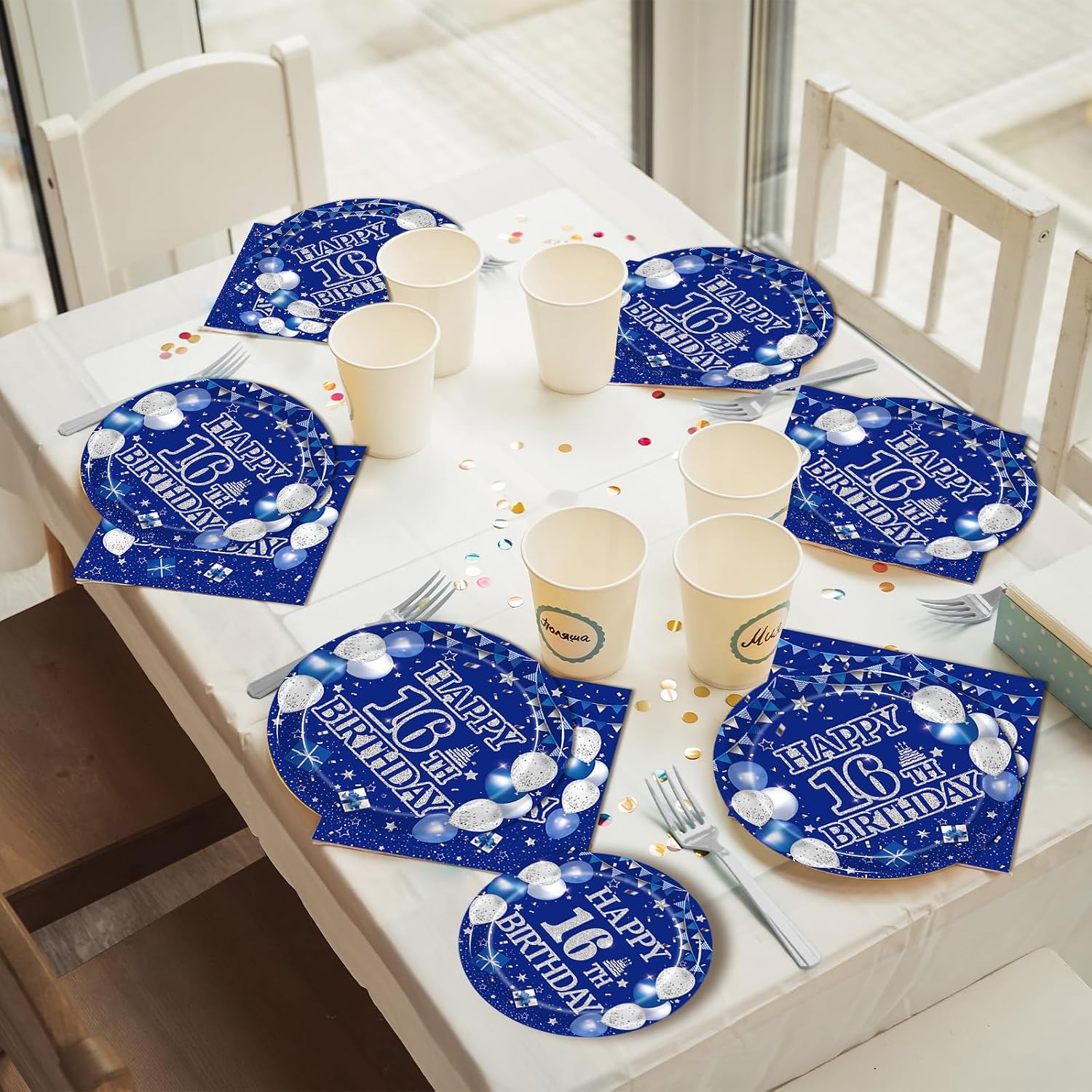Kepeel 96Pcs 16th Birthday Party Tableware Set, Blue and Silver Happy 16th Birthday Party Decorations Supplies for Boys Girls 16 Years Old Birthday Party Dessert Plates Napkins Forks Favors, Serve 24