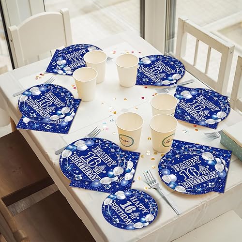 Miniatura 5 de Juego de vajilla de 96 piezas para fiesta de cumpleaños número 16, color azul y plateado, suministros de decoración de fiesta de cumpleaños de 16