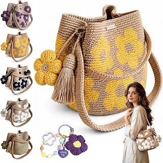 Yagerod Handmade Crochet Flower Tote, Handgehäkelte Blumentasche, Häkeltasche mit 3…