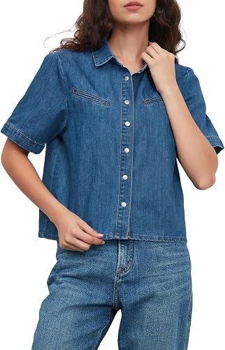 Women's Short Sleeve Button Down Denim Shirt Casual Loose Summer Jean Shirt