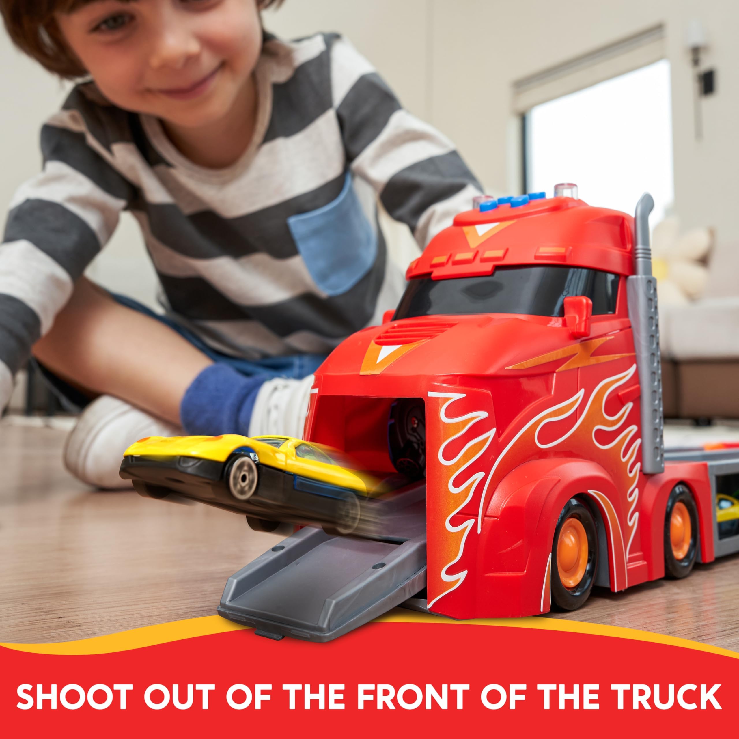 SYNCFUN Transport Race Truck Toy Cars, 2,4 m, gigantyczny tor wyścigowy, składana ciężarówka-transporter, 3-poziomowy zestaw z 12 samochodami, światłami i dźwiękami, prezent dla chłopców w wieku 3, 4