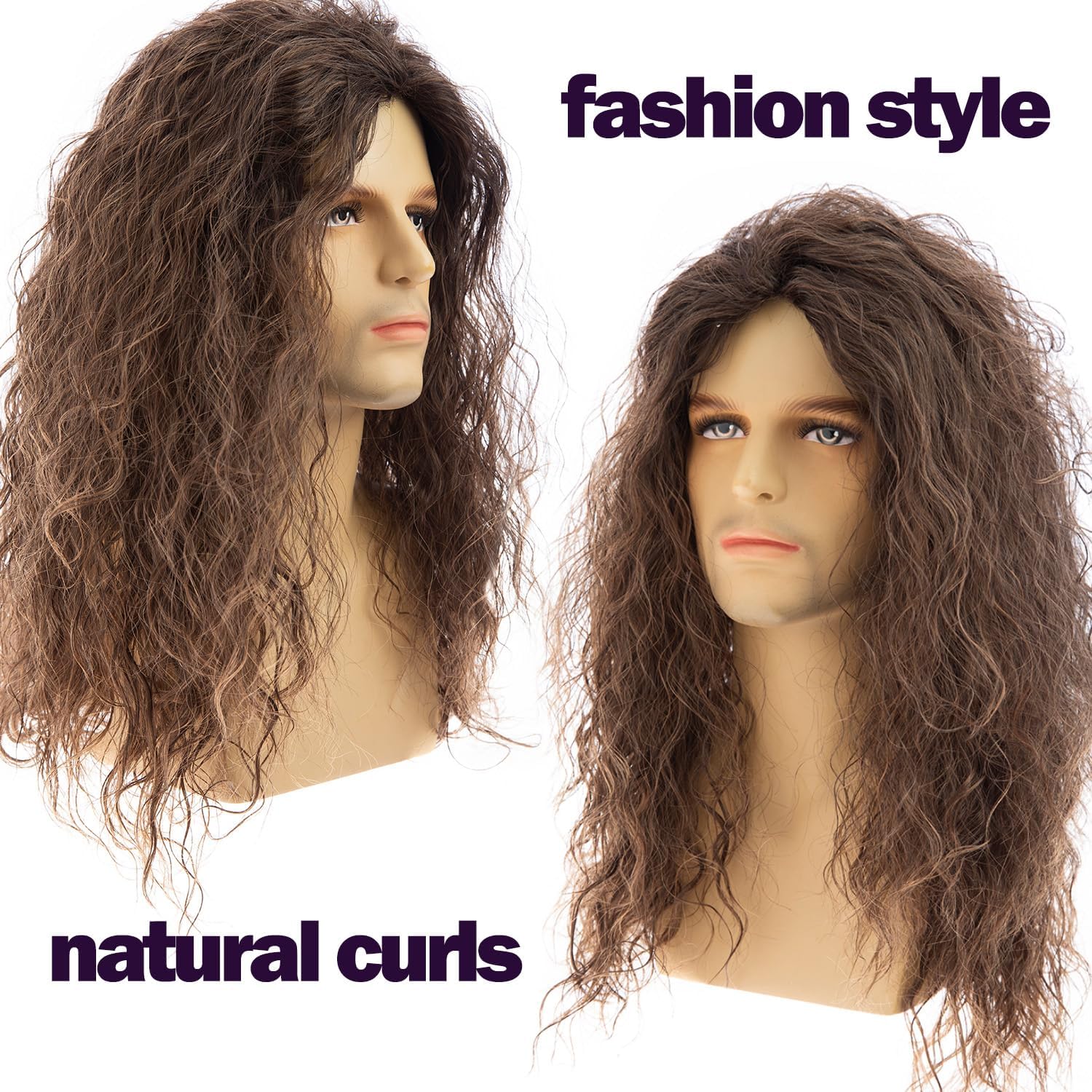 Beweig Mens Wig Long Curly Wavy Brown Synthetic Hair Wig for Cosplay Costume Halloween Party, brown2, 23 cm - Image 3