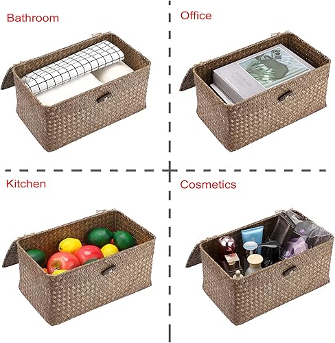 Vista 128 de Hipiwe Cestas de mimbre con tapa, cesta de pastos marinos tejida a mano, cestas rectangulares para el hogar, cajas para estantes, armario, Café