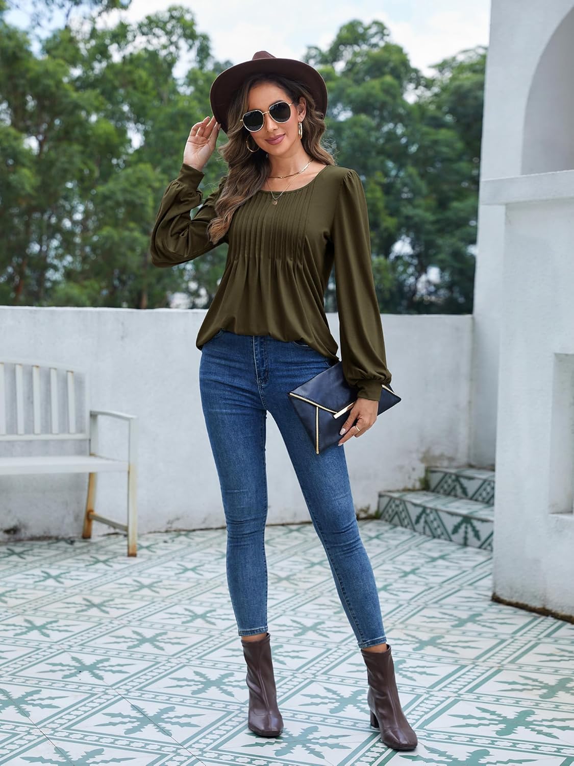 Long Sleeve Shirts For Women Fall Fashion 2025 Womens Tunic Tops Pleated Crew Neck Puff Sleeve Blouses Dressy Casual - Image 6