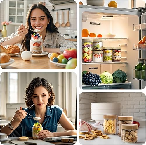 Miniatura 8 de Paquete de 6 recipientes de avena de 10 onzas con tapas de bambú, tarros de vidrio con tapas herméticas para preparación de comidas, tarros de