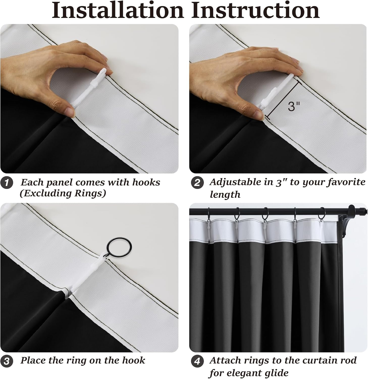KangBang Pinch Pleated 108 Inch Long Blackout Curtains, Thermal Insulated Energy Saving Draperies for Sliding Door with Hooks Track System, Modern Interior Design Essentia(40Wx108L,Black,2 Panels)