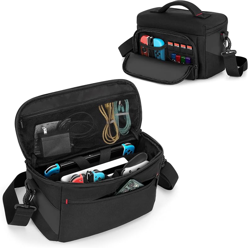 Estuche de transporte LUXJA compatible con Nintendo Switch y Steam Deck, negro | Bolso bandolera con múltiples bolsillos para PlayStation Portal, ROG ally, consola Dock, Joy-Cons, tarjetas de juego y más accesorios