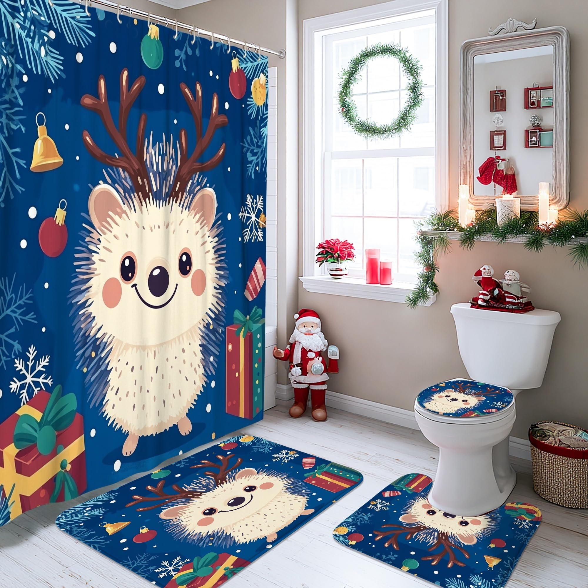 Juego de 4 accesorios de baño de erizo de Navidad con alfombra antideslizante, en forma de U y cubierta de tapa de inodoro, lindo y divertido para niños, decoración de baño de animales de Navidad, 72