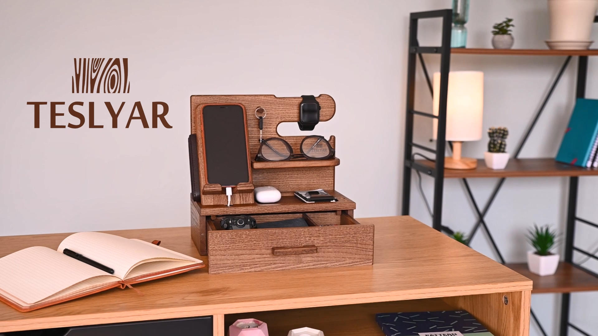 TESLYAR Wood Phone Docking Station with Drawer - Nightstand