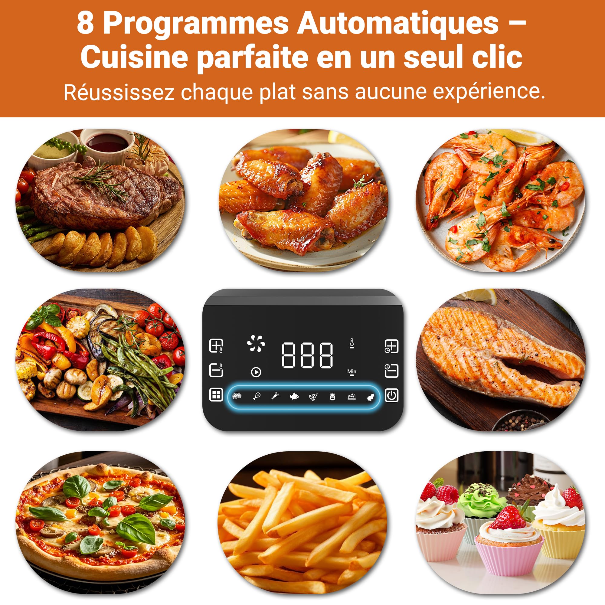 Friteuse à Air 6,5L | 1600W Airfryer Sans Huile avec Fenêtre Visible | 8 Programmes, Écran Tactile, Panier Antiadhésif, Compatible Lave-Vaisselle
