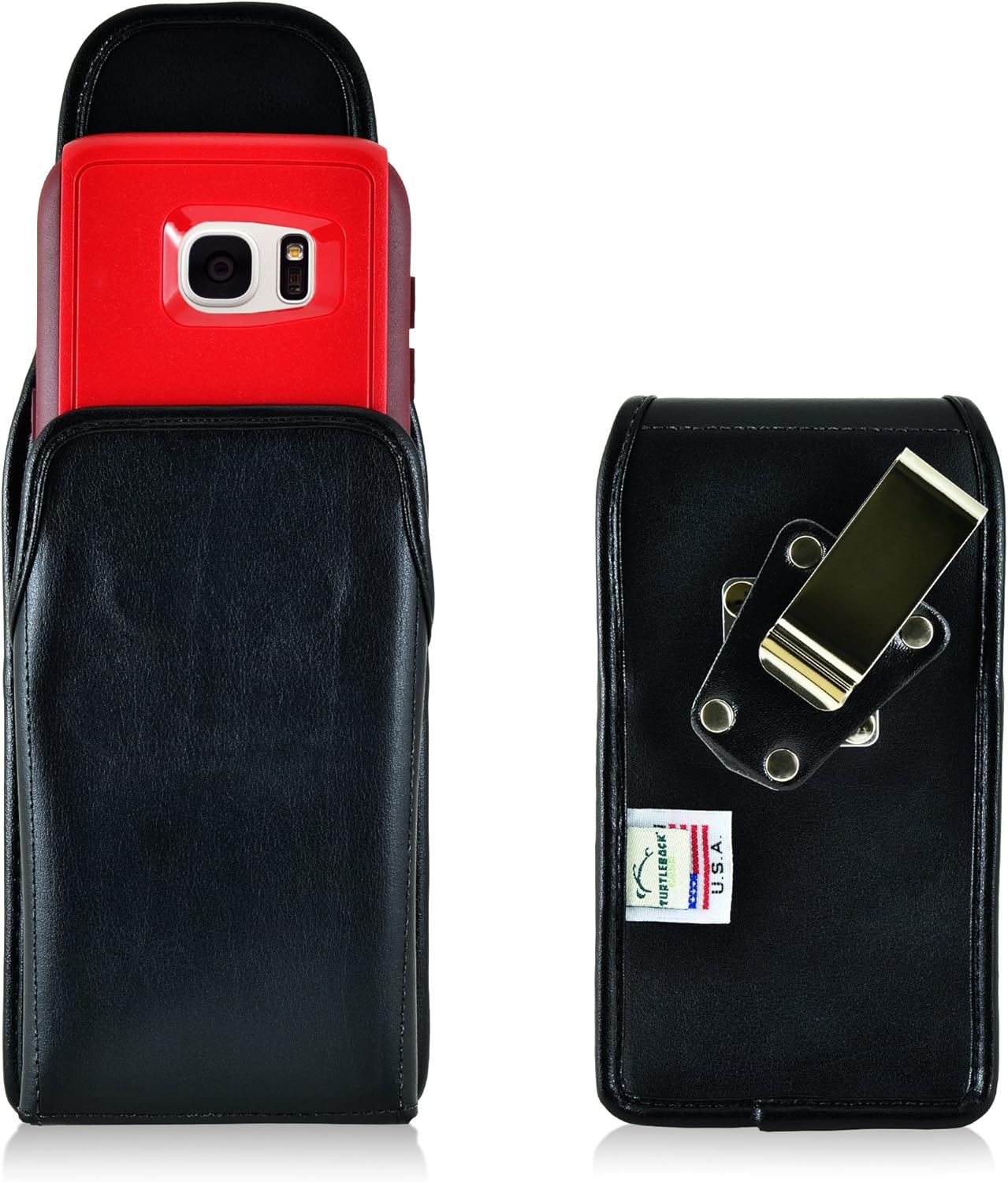 Turtleback Belt Case Made for Samsung Galaxy S7 Edge with OB Commuter Case Black Vertical Holster Leather Pouch with Heavy Duty Rotating Ratcheting Belt Clip