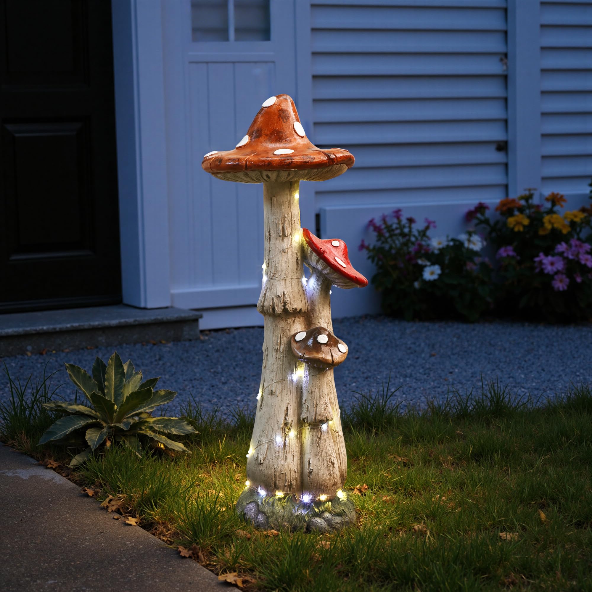 Hometopia 80cm Solar Gartenskulptur Pilz mit LED-Lichterkette – Wetterfeste Gartenfigur aus MGO – Große Pilz-Deko für Garten, Vorgarten & Terrasse Mama Oma