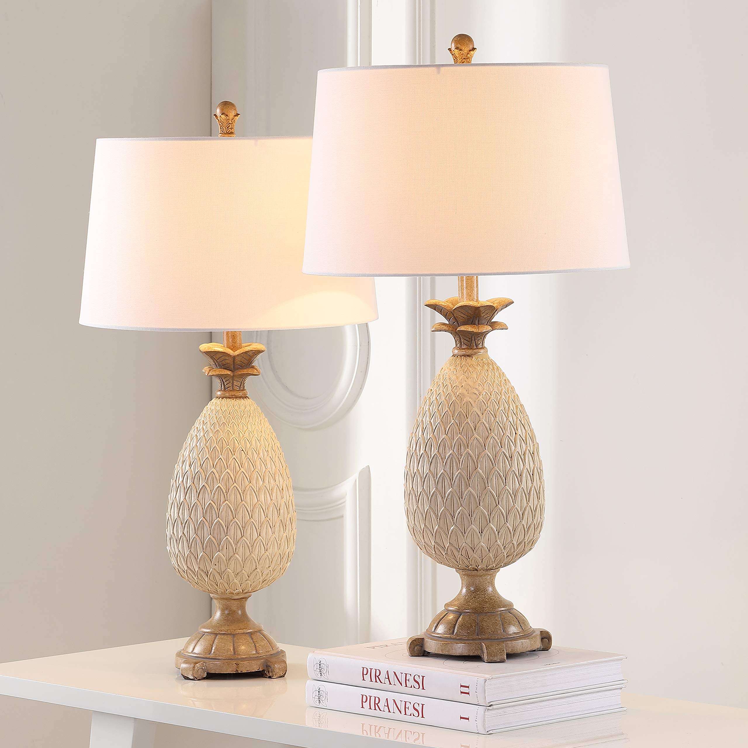 SAFAVIEH Lighting Collection – Briar Set of 2 Coastal Pineapple Table Lamps, Antique Cream & Brown Resin Design, LED Bulbs Included (TBL4120A-SET2)