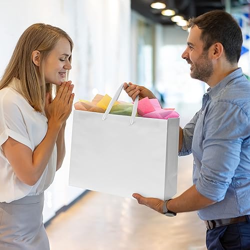 Miniatura 3 de Bolsas de papel kraft blancas con asas de sarga de lujo, 16 x 6 x 12 pulgadas, 25 unidades. Bolsas de papel para compras, bolsas de regalo a granel,