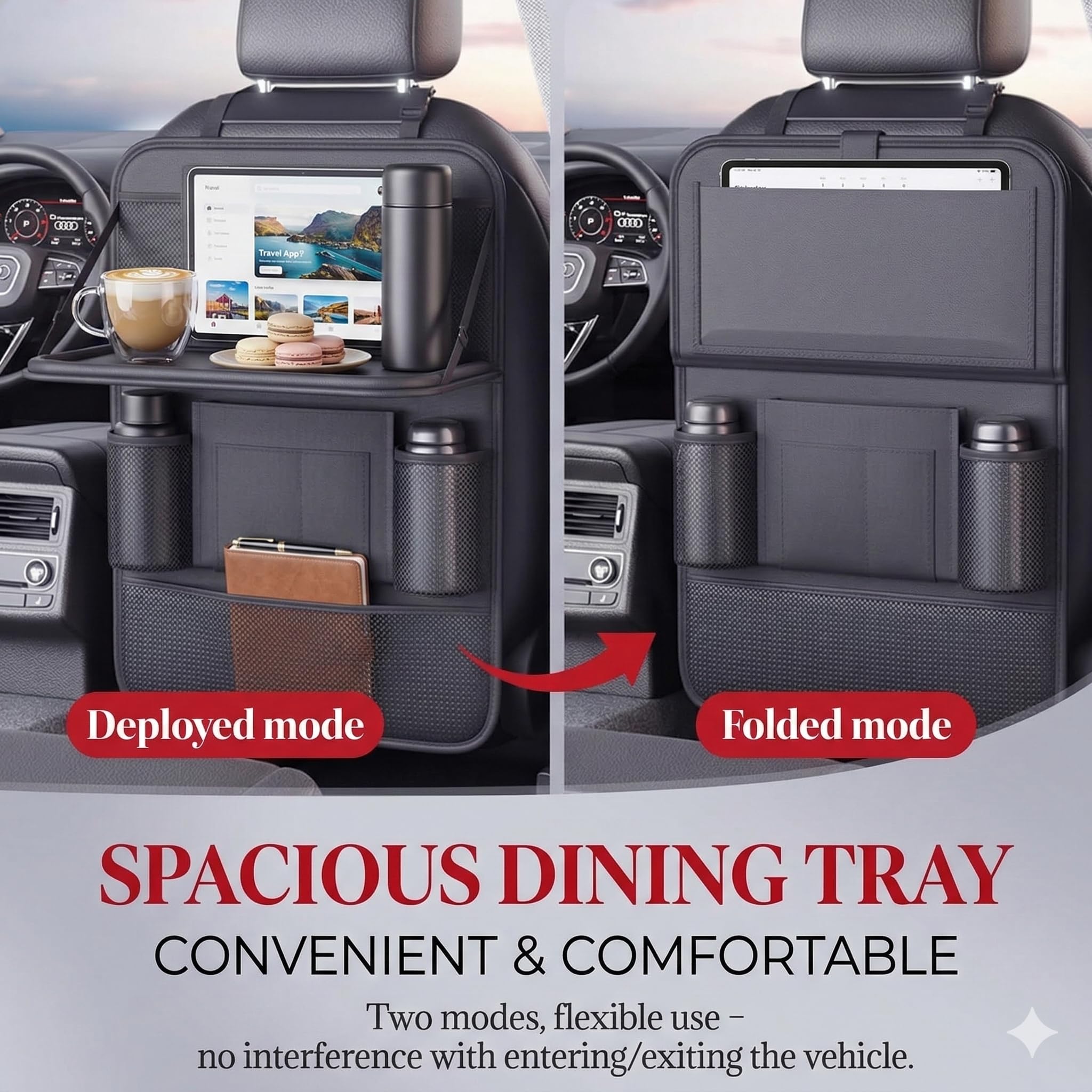 Generisch Auto Rücksitz Organizer Kinder mit Klapptisch, Autositz Organizer Rückenlehnenschutz Wasserdicht, Sitzschutz Auto Rücksitz, Tablet Halter Aufbewahrungstasche mit 9 Fächern, 42×61 cm