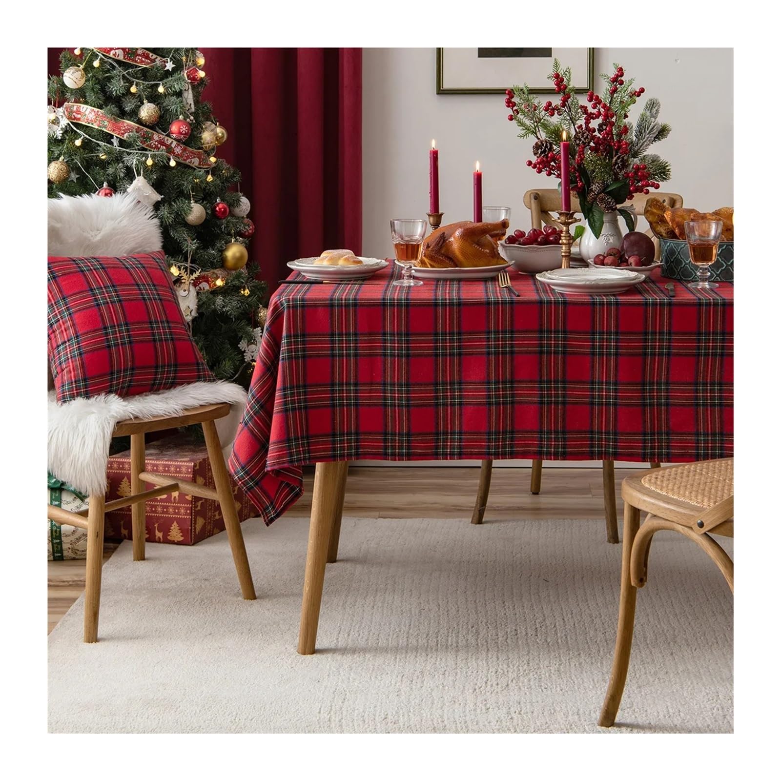 Weihnachtstischdecke Christmas Checkered Tablecloth Rectangle Red Plaid Xmas Table Cloths Winter Farmhouse Decorations for Dining Parties Holiday(1pc Style C,140x100cm)