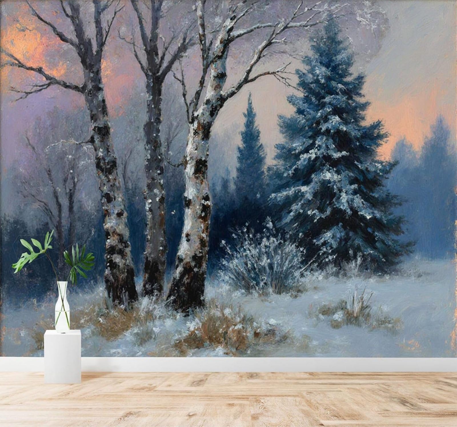 XLMING Winter Forest Pine Trees Sunset Sky 3D Wallpaper Silky Texture Home Study Office Grey Dining Room Sofa Bedroom Living Room TV Backdrop-250cm×170cm