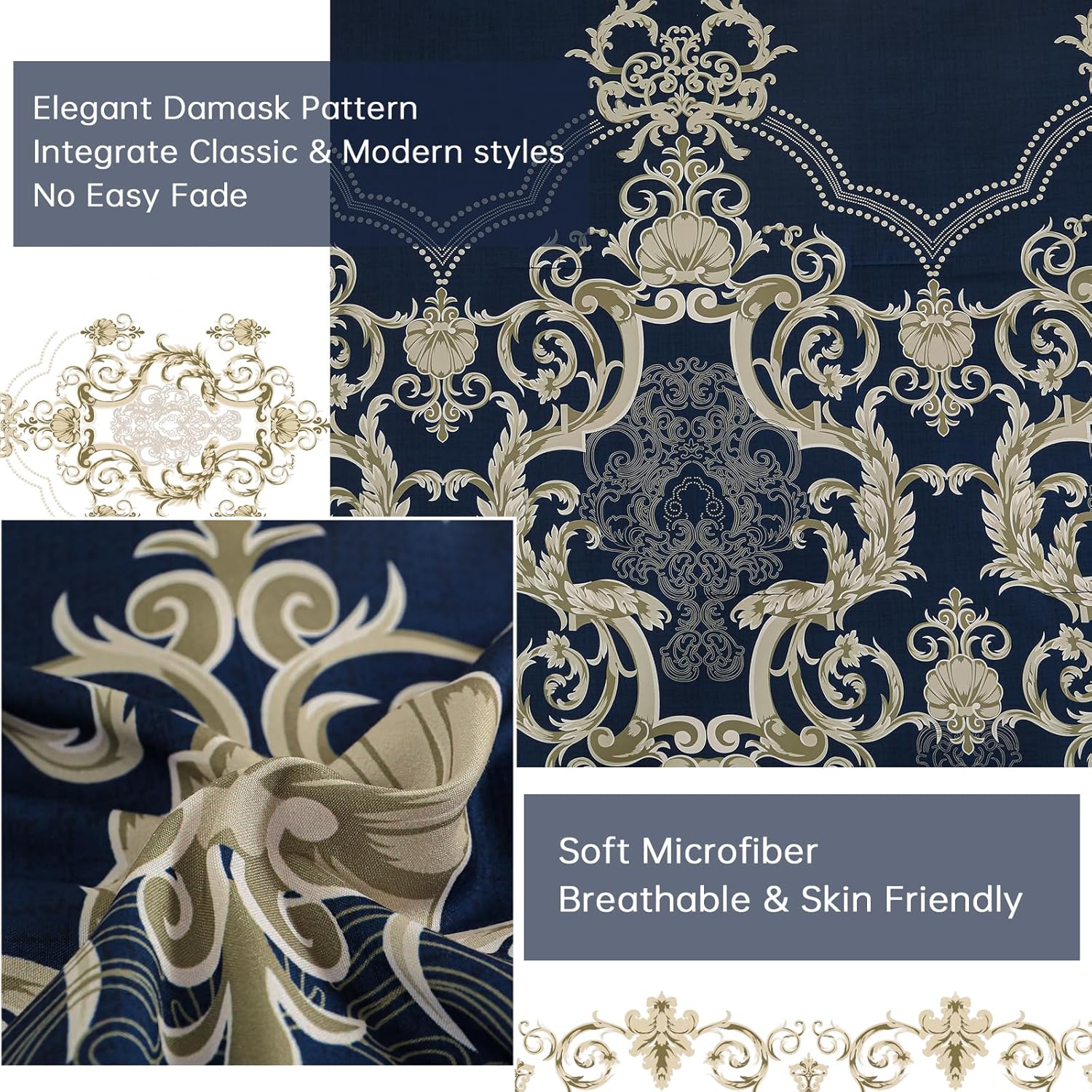 Mybedsoul Blue Gold Queen Comforter Set, 7 Pieces Boho Bed in a Bag for Queen Bed, Damask Comforter with Sheets Pillowcases, Soft Microfiber Lightweight Bedding Sets for All Season(90"x90") - Image 5