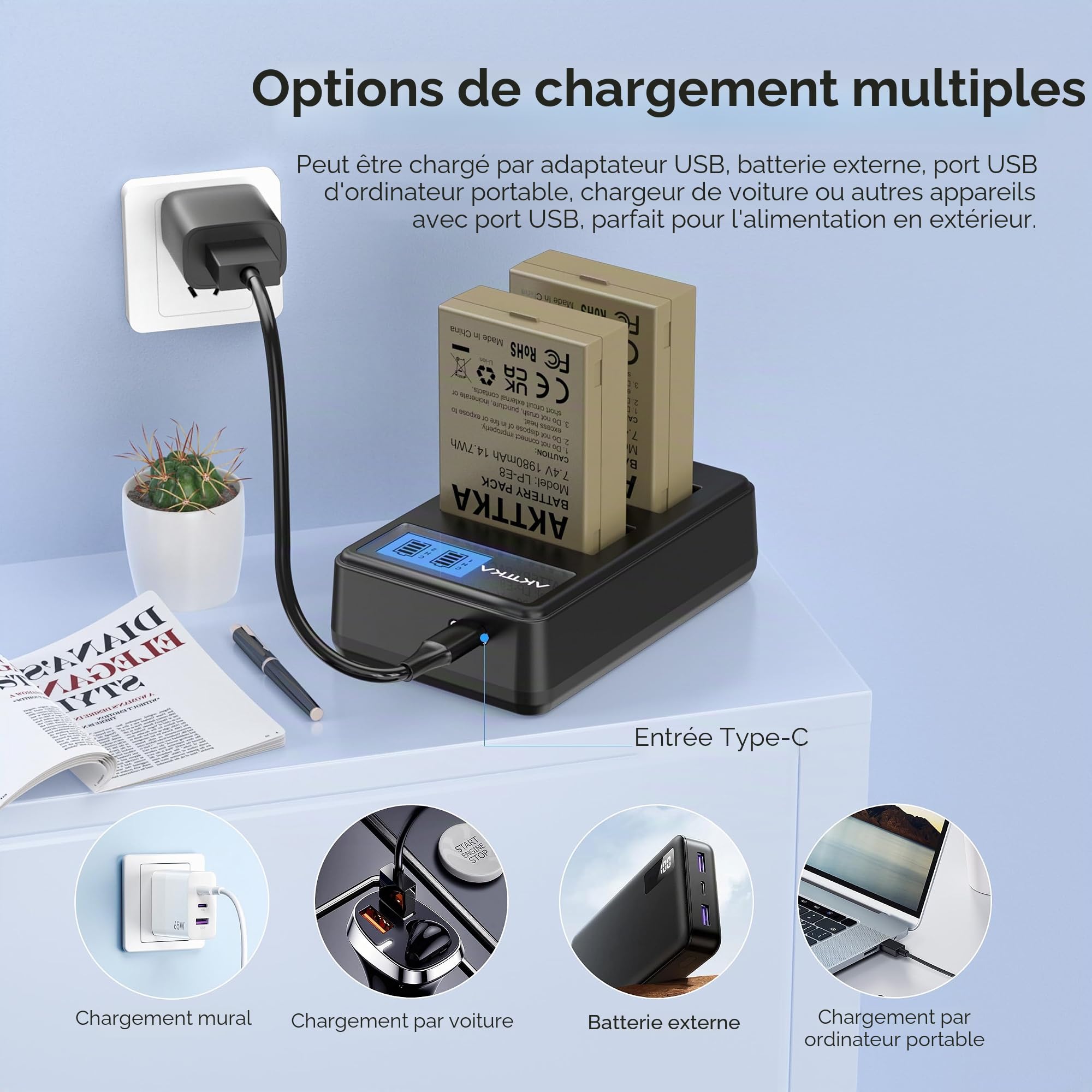LP-E8 Lot de 2 Batteries de Rechange 1980 mAh et Chargeur Rapide Double pour Canon LP-E8, Compatible avec Canon EOS Rebel T2i, T3i, T4i, T5i, 550D, 600D, 650D, 700D, Kiss X4, X5, X6