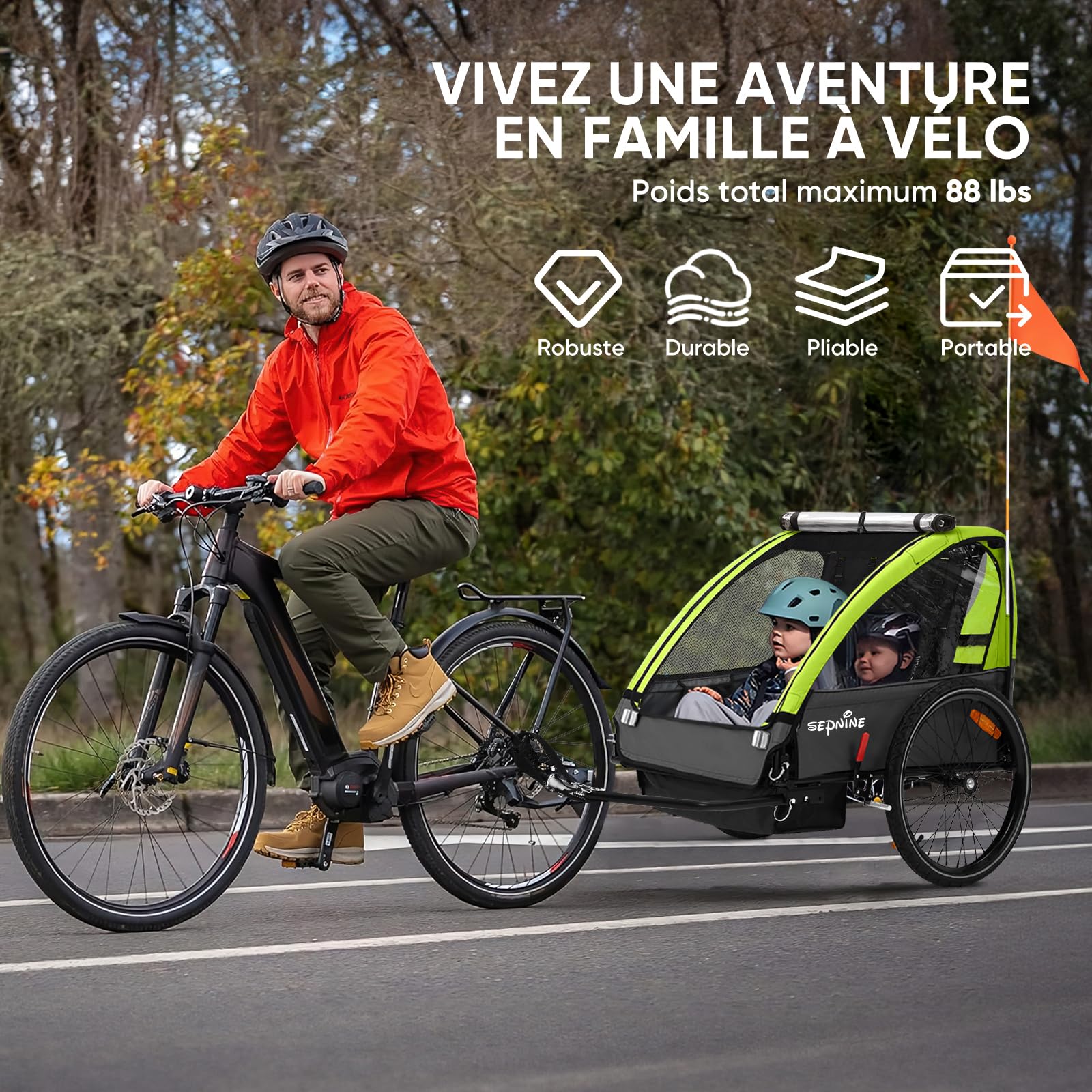 SEPNINE Remorque pour Enfant, 2 Places, véhicule Tout-Terrain pour Enfant, Ceinture de sécurité intégrée, Pliable avec Frein à Main, pour 1 à 2 Enfants de 40 kg Maximum