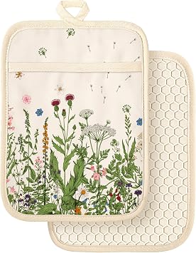 Slohif Cotton Pot Holders with Textured Silicone Grip Fresh Green Floral