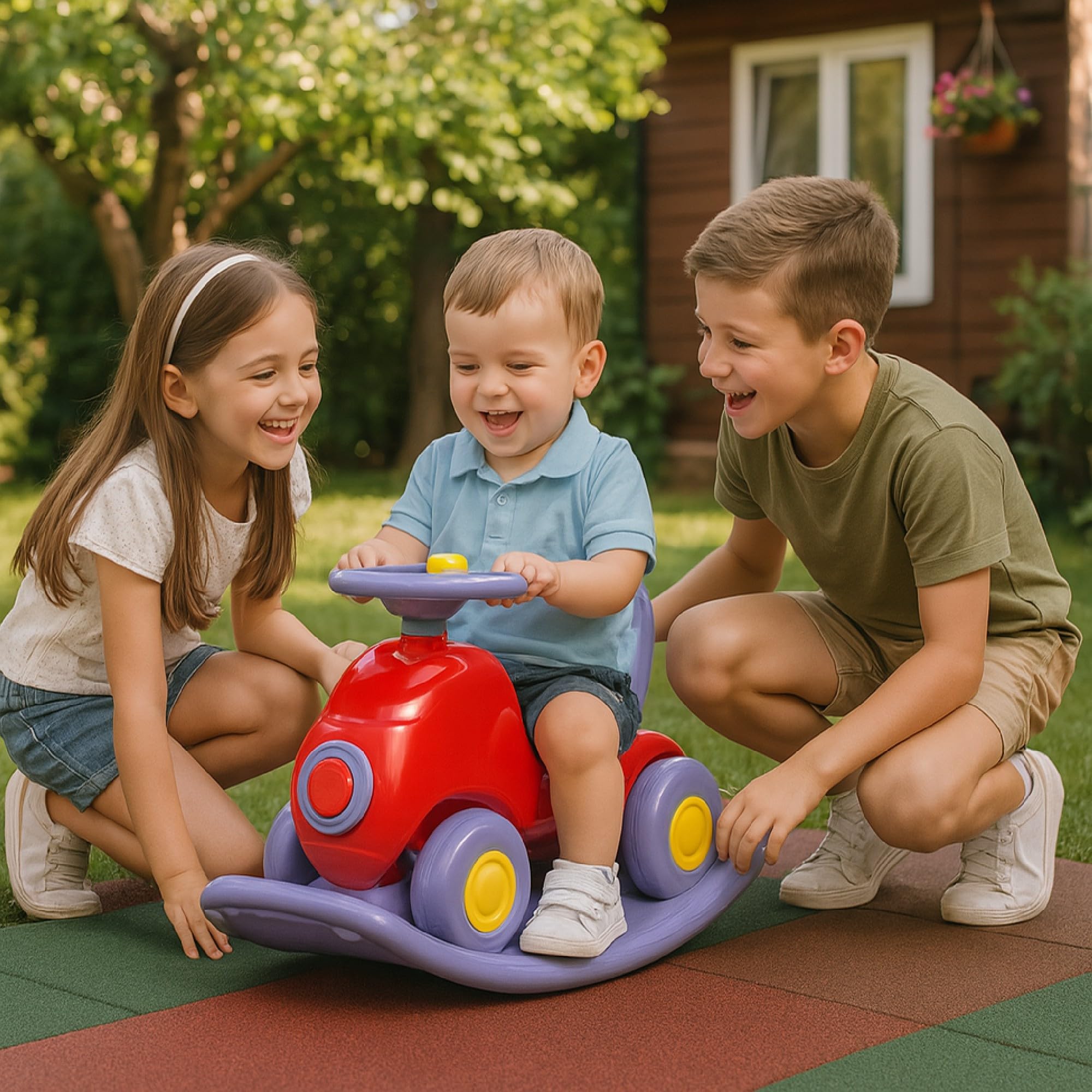 Amazon Brand - Jam & Honey 3 in 1 Car Ride On,Rocker and Balance Board for Kids | for 18+ Months | Push Car with Backrest | Steering Wheel | Indoor or Outdoor Toy | BIS Approved | Safe and Fun Toy 3