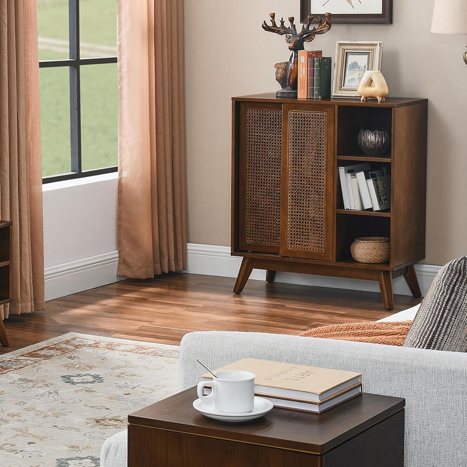 Amposei Mid-Century Modern Rattan Sideboard 31.5-Inch Entryway Storage Cabinet, Small Buffet Coffee Bar Cabinet with Sliding Doors for Living Room Hallway Entrance (Dark Wood)