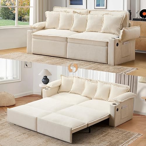 82.7’’ King Size Pull Out Sofa Bed, 3 in 1 Convertible Sleeper Sofa Bed with Futon Sofa , Chenille Loveseat Couch Bed with USB Ports and Storage Pockets for Living Room,Bedroom, Pet-Friendly (Beige)