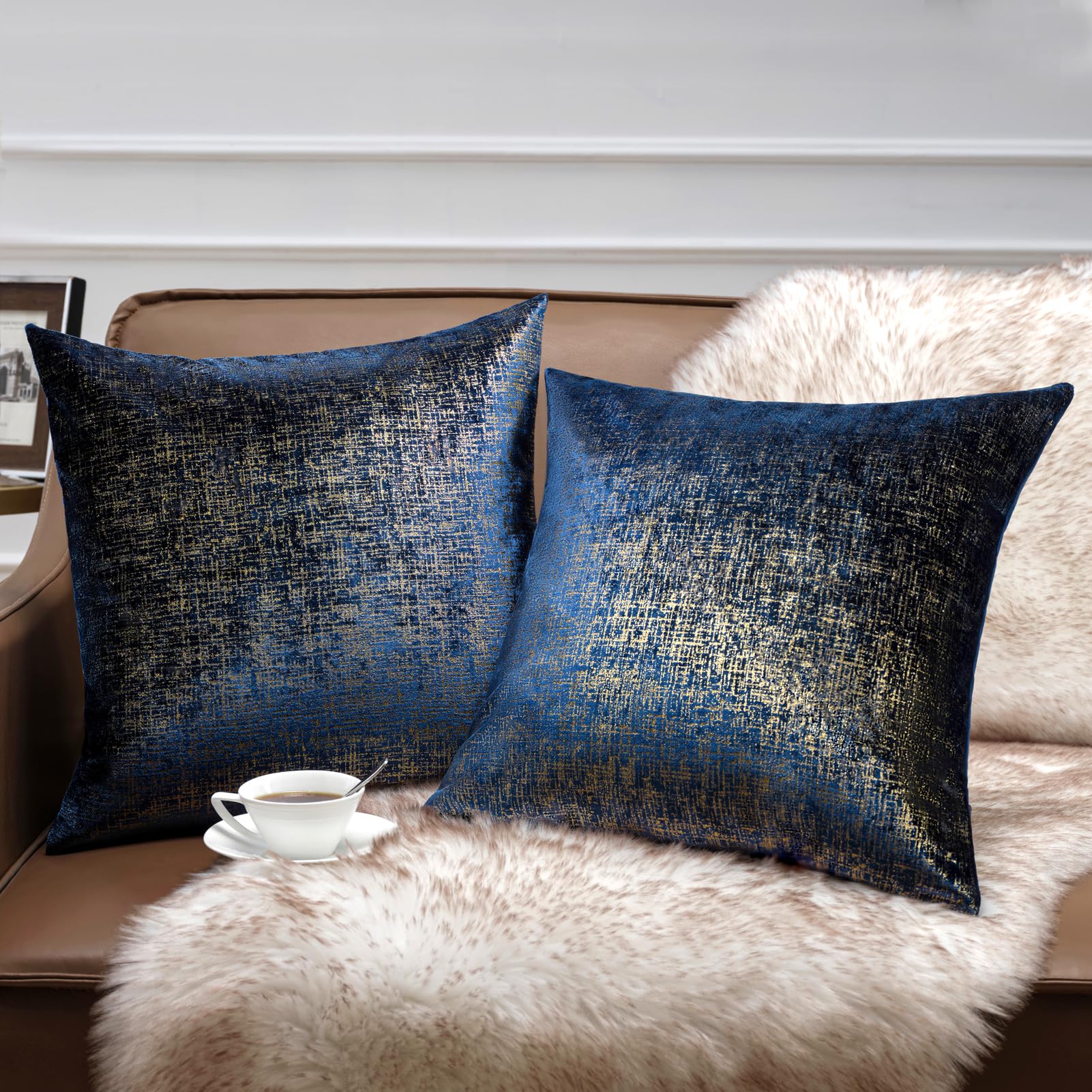 Phantoscope Pack of 2 Sparkling Velvet Geometric-Pattern Throw Decorative Pillow Cover Soft Gold Glitter Square Cushion Cover Pillowcase for Couch Bed