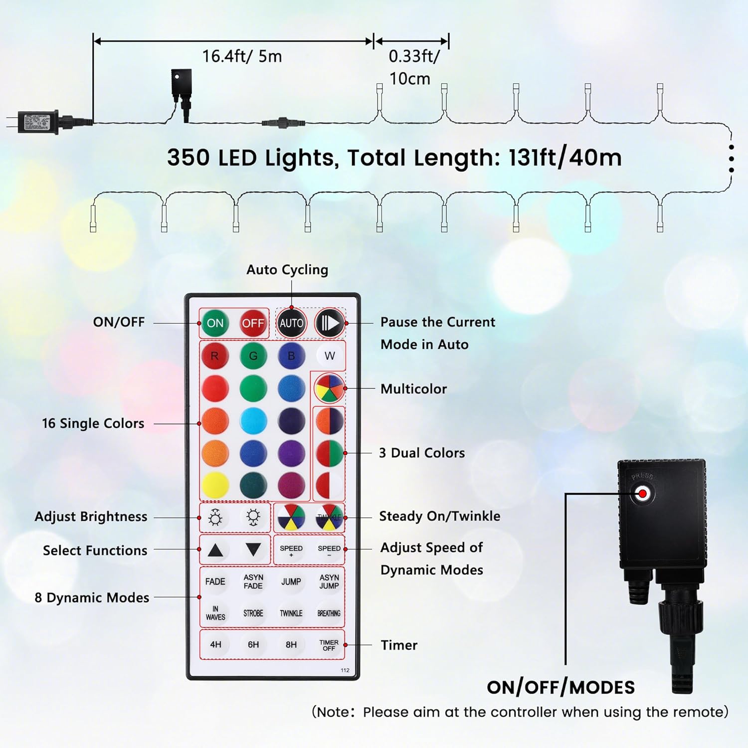 Toodour 4th of July String Lights, 115ft 350 LED RGB Color Changing String Lights with Remote & Timer, Waterproof Red White and Blue Lights for Home Yard Holiday Tree Party Indoor Outdoor Decoration
