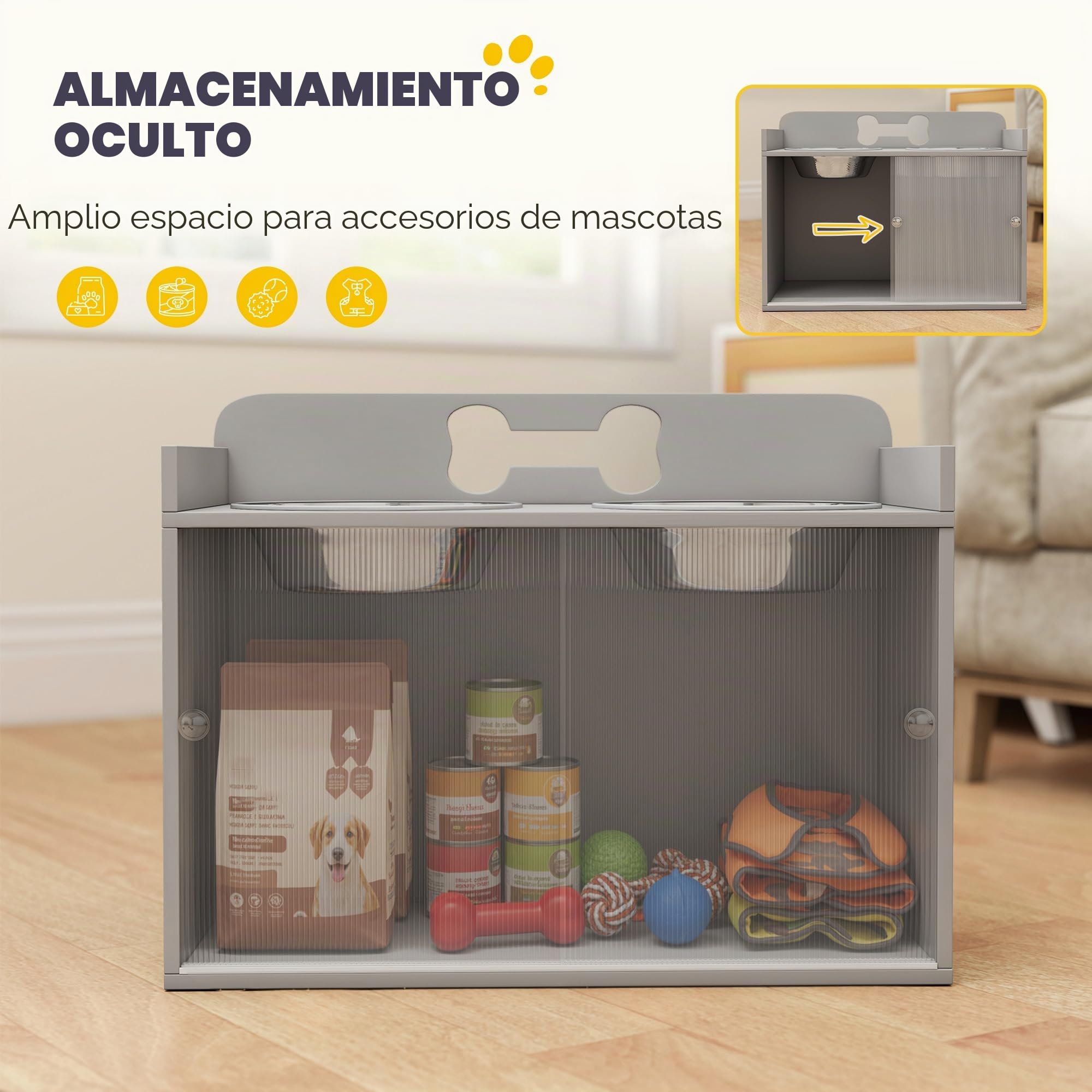 PawHut Comedero Elevado para Perros con Armario de Almacenamiento de 50 l, 2 Cuencos de Acero Inoxidable con Anillos Antideslizantes, Puertas correderas, comedero con comedero Lento para Perros