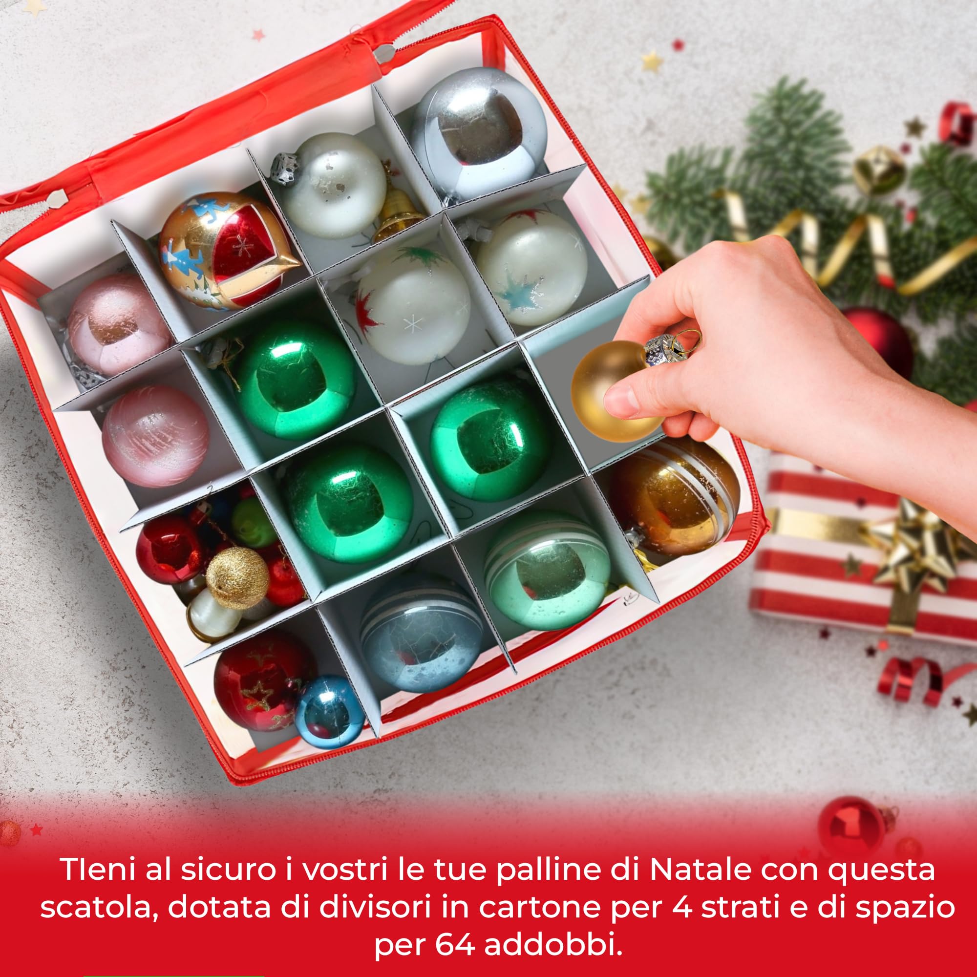 REDSTAR Box porta 64 ornamenti festivi – Contenitore con divisori per sfere natalizie – Organizer per decorazioni dell’albero – Custodia per addobbi di Natale – Scatola rigida per elementi decorativi