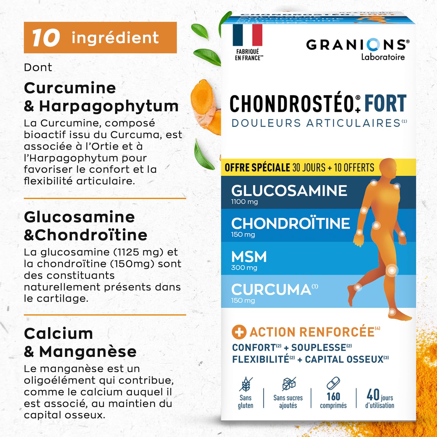 GRANIONS| Chondrostéo+ FORT Articulations | Formule Renforcée| Mobilité & Souplesse Articulaire, Flexibilité, Capital Osseux | Glucosamine, Chondroïtine, MSM, Harpagophytum | 160 comprimés