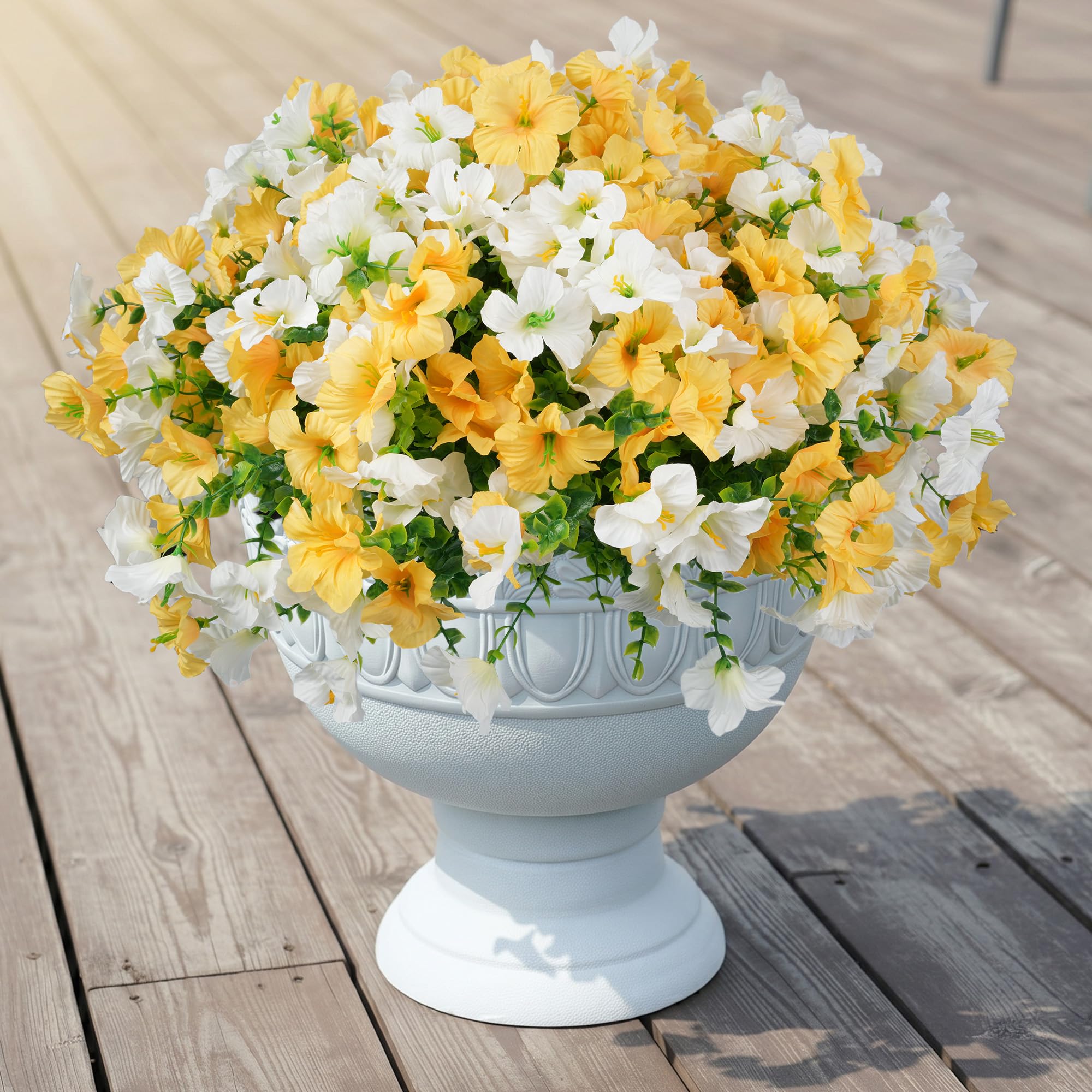 Cekene 16Pcs Artificial Flowers Outdoor White and Yellow UV-Resistant Fake Flowers Morning Glory with Stems Realistic Faux Plants for Outside Indoor Planters Yard Patio Window Wedding Bouquets Party โ image 1