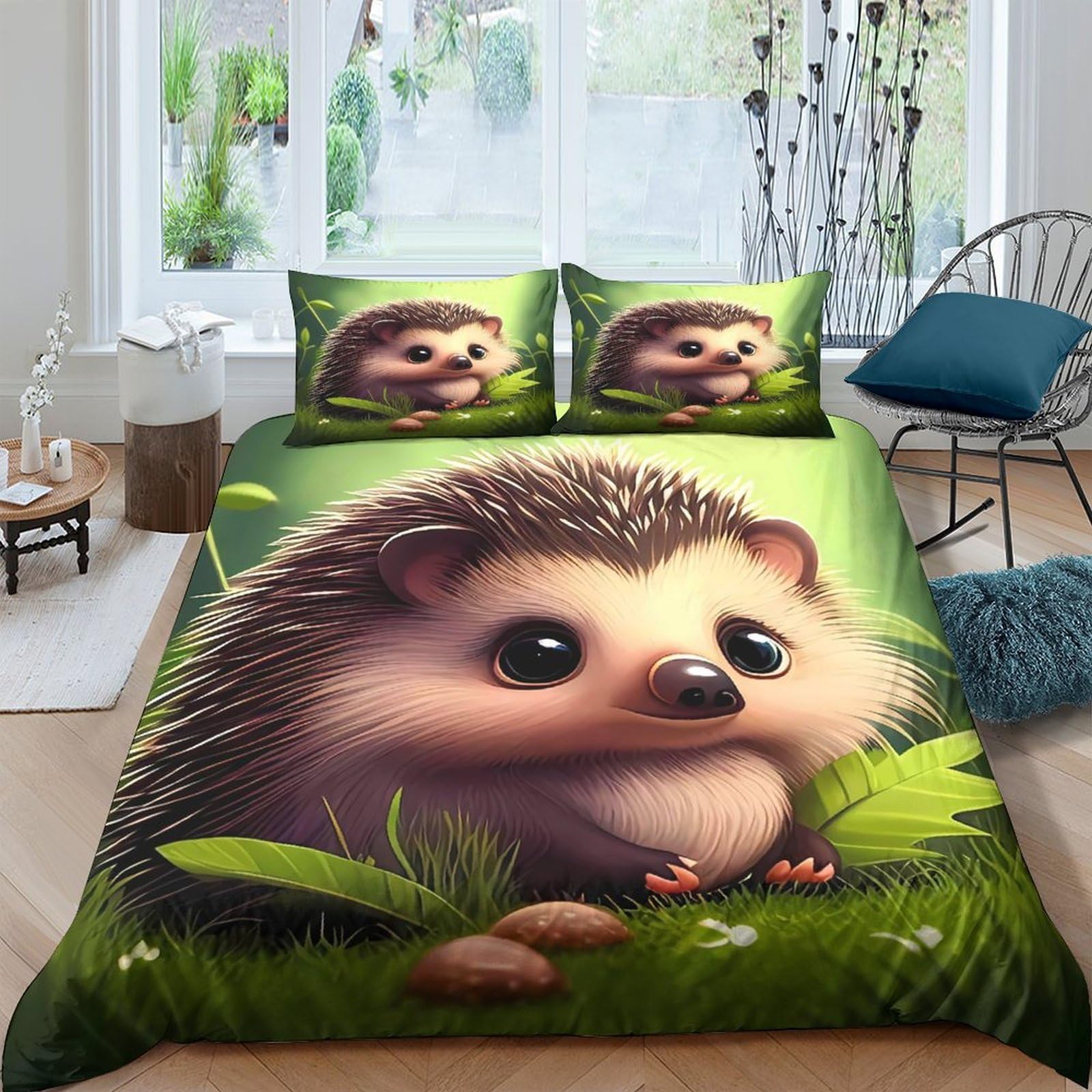 Ctjqhvkz Style-3 3D Printed Cute Hedgehog Fitted Sheet Microfiber Soft Green Forest Cartoon Bed Cover For Bedroom Dorm Easy Care Decor Single（135X200cm）