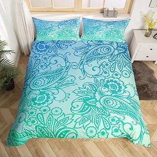 Bohemian Bedding Set Paisley Duvet Cover Twin Size,Gothic Vintage Floral Comforter Cover Trippy Mandala Quilt Cover,Exotic Tribe Flowers European Style Floral Boho Decor,Teal Blue Green