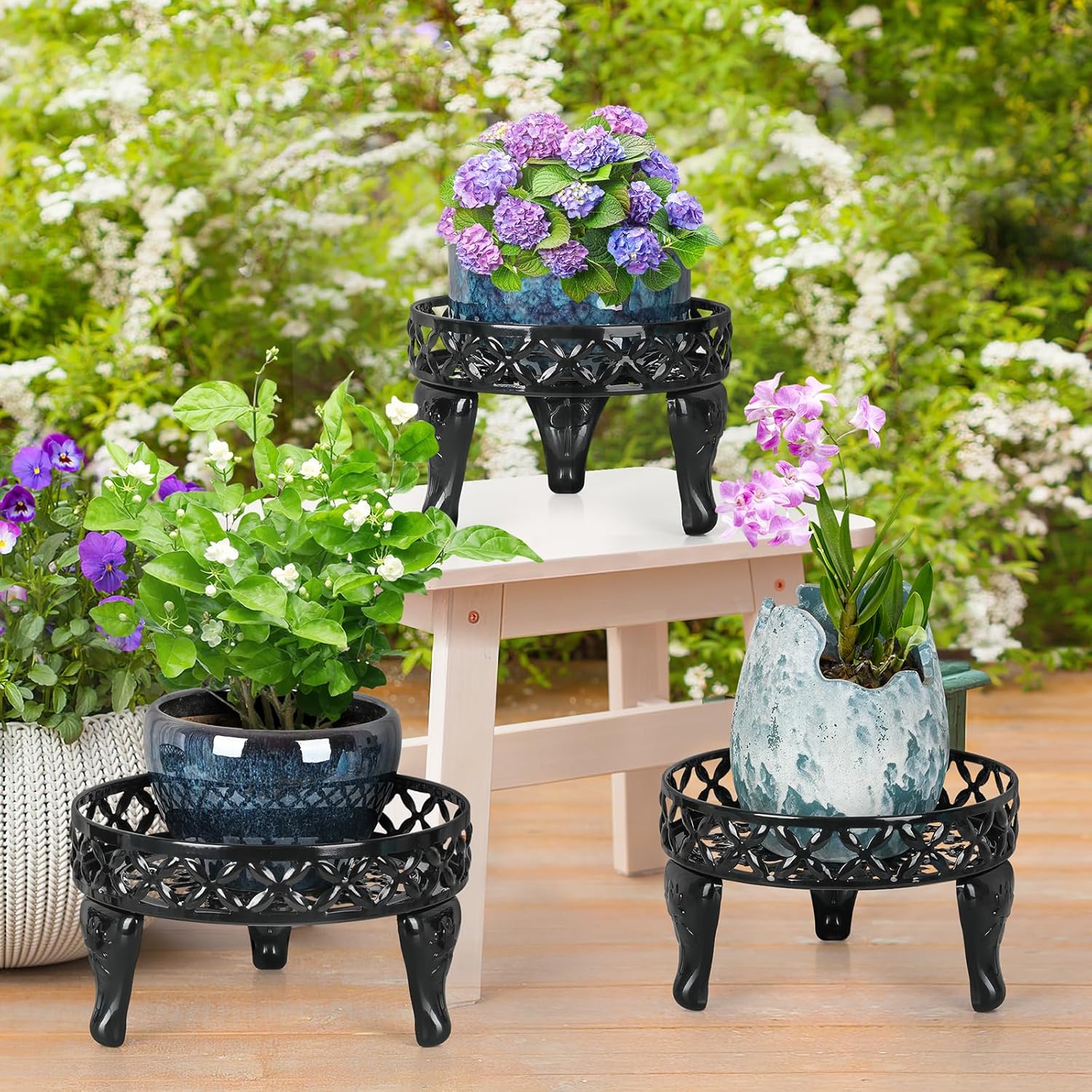 3 Pack Metal Plant Stands Indoor Outdoor, Heavy Duty Iron Flower Pot Stand for Multiple Plants, Rustproof Low Round Plant Holder for Garden, Patio, Home