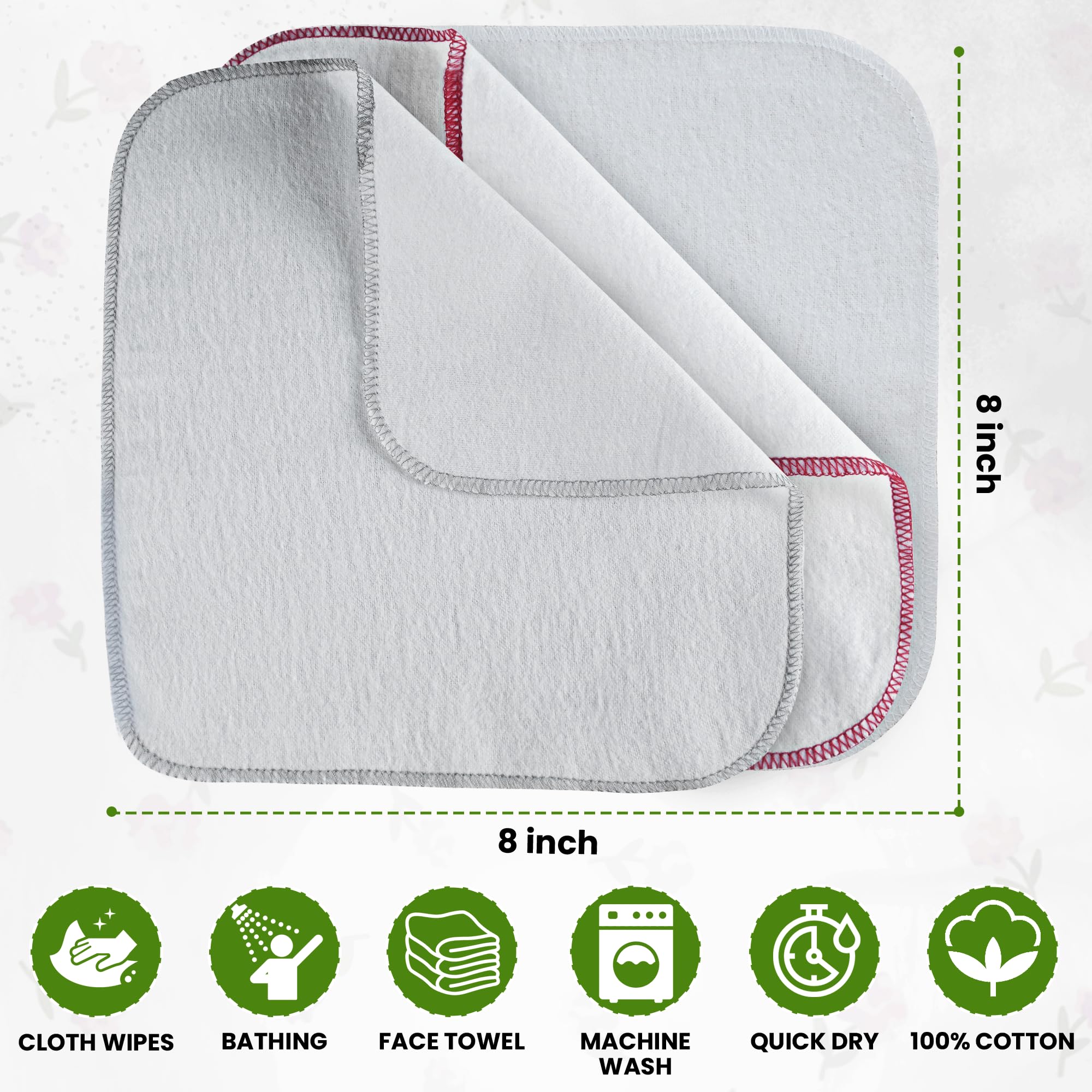 Lorandos Organic Cotton Baby Flannel Washcloths, Pack of 15, 21 x 21 cm, Reusable & Washable Cloth Wipes - Image 2