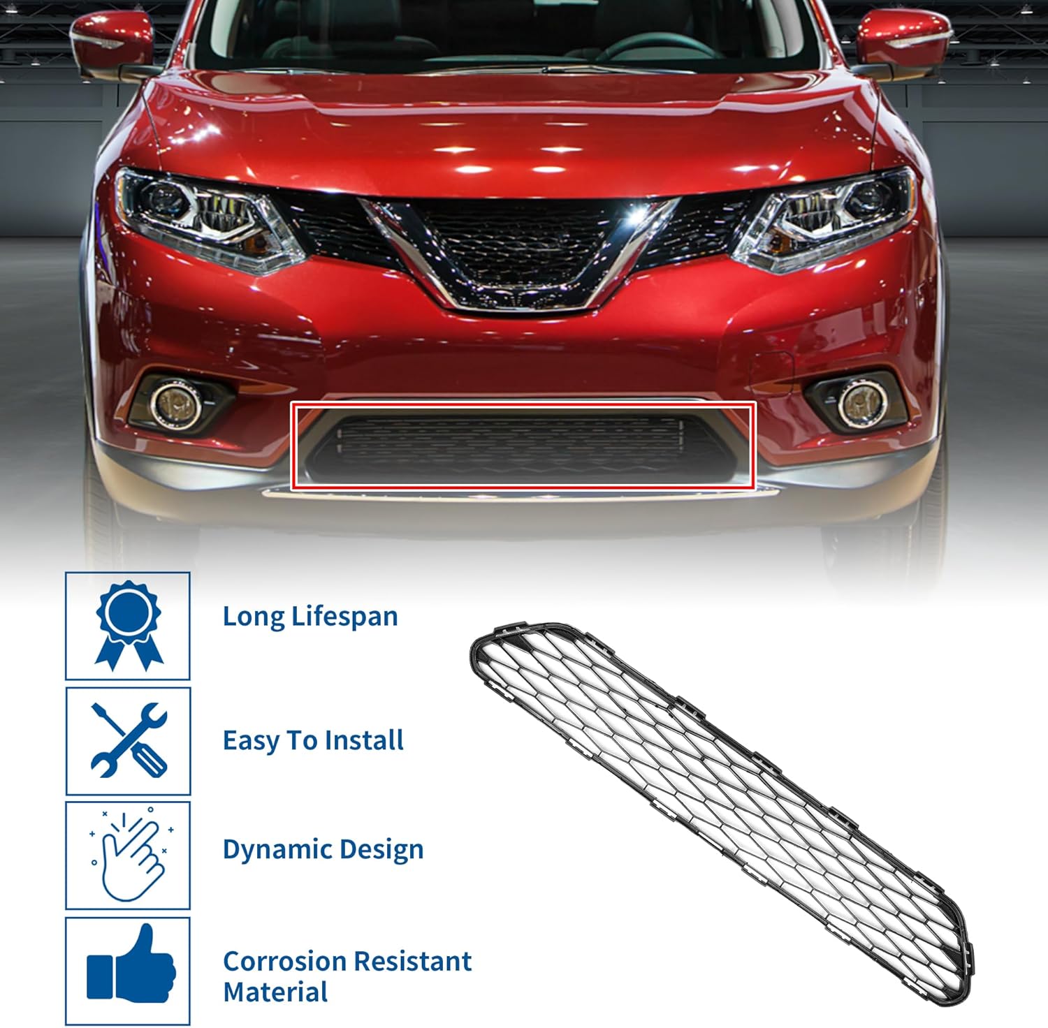 X AUTOHAUX No.622544BA0A Front Lower Hood Bumper Grille Grill for Nissan Rogue 2.5L CVT 2WD S 2ROW 2014-2017 Front Lower Bumper Kidney Grille Grill Black