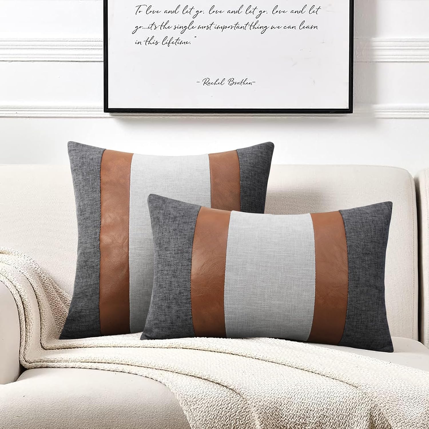 Merrycolor Faux Leather and Linen Throw Pillow Covers 18x18 Inch Patchwork Modern Farmhouse Pillow Covers Gray and Brown Accent Pillows Decorative Pillows for Couch Sofa Bed, Set of 2 - Image 2
