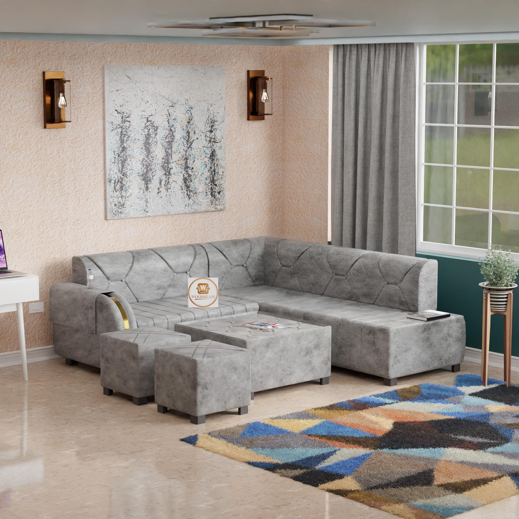 WOODREAM Right Facing Upholstered L Shape 7 Seater Sofa Set