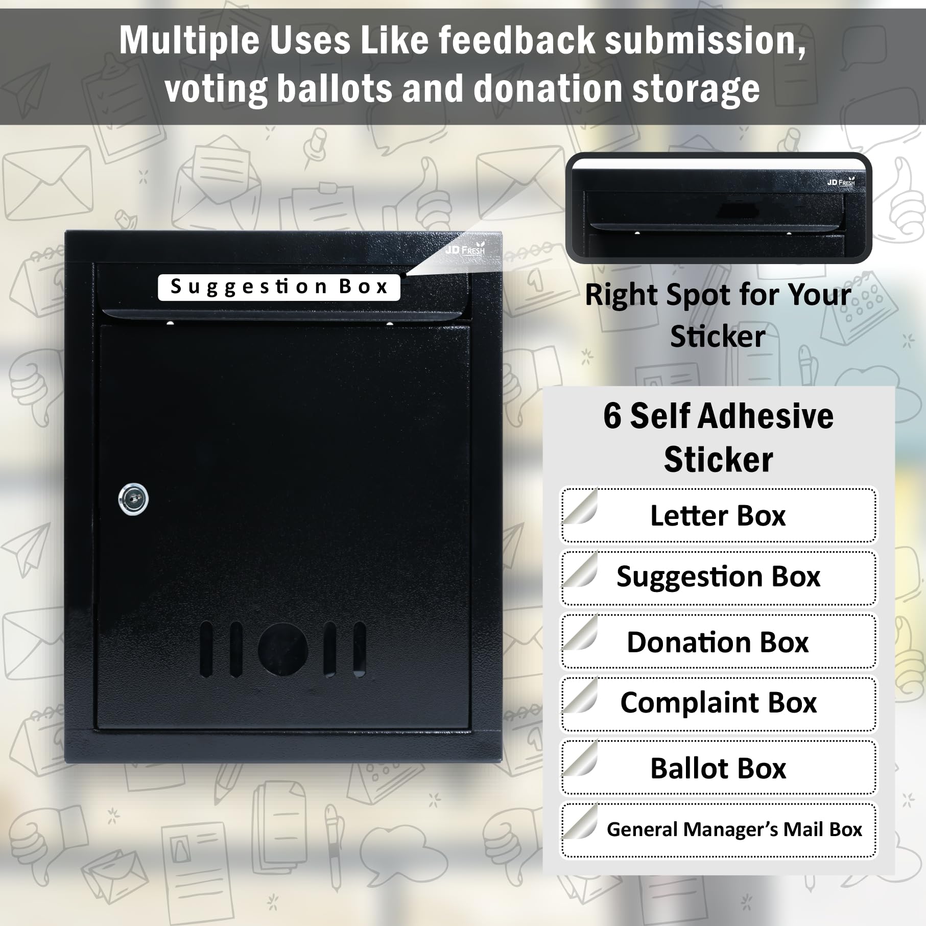JD FRESH Wall Mount A4 Size Letter Box/Mail Box/Suggestion Box/Complaint Box for Office/Post Box for Home gate with Clear Window View & Secure Key Lock - (Black) 2