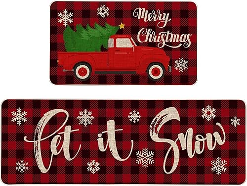 Buffalo - Juego de 2 tapetes de cocina para camión de Navidad a cuadros, alfombra de cocina de granja, creativa, decorativa, antifatiga, resistente