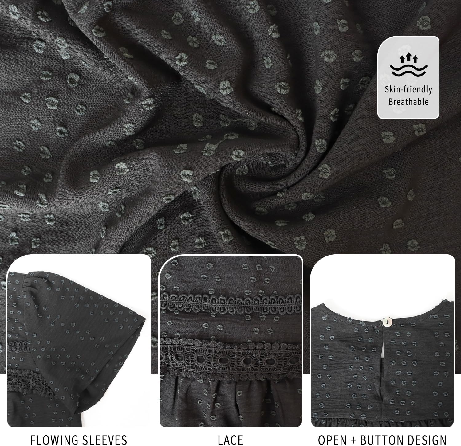 ROYLAMP Summer Boho Tops Crewneck Short Sleeve Shirts Casual Chiffon Blouses Flowy Lace Trim Swiss Dots Clothing Trendy 2026 - Image 5