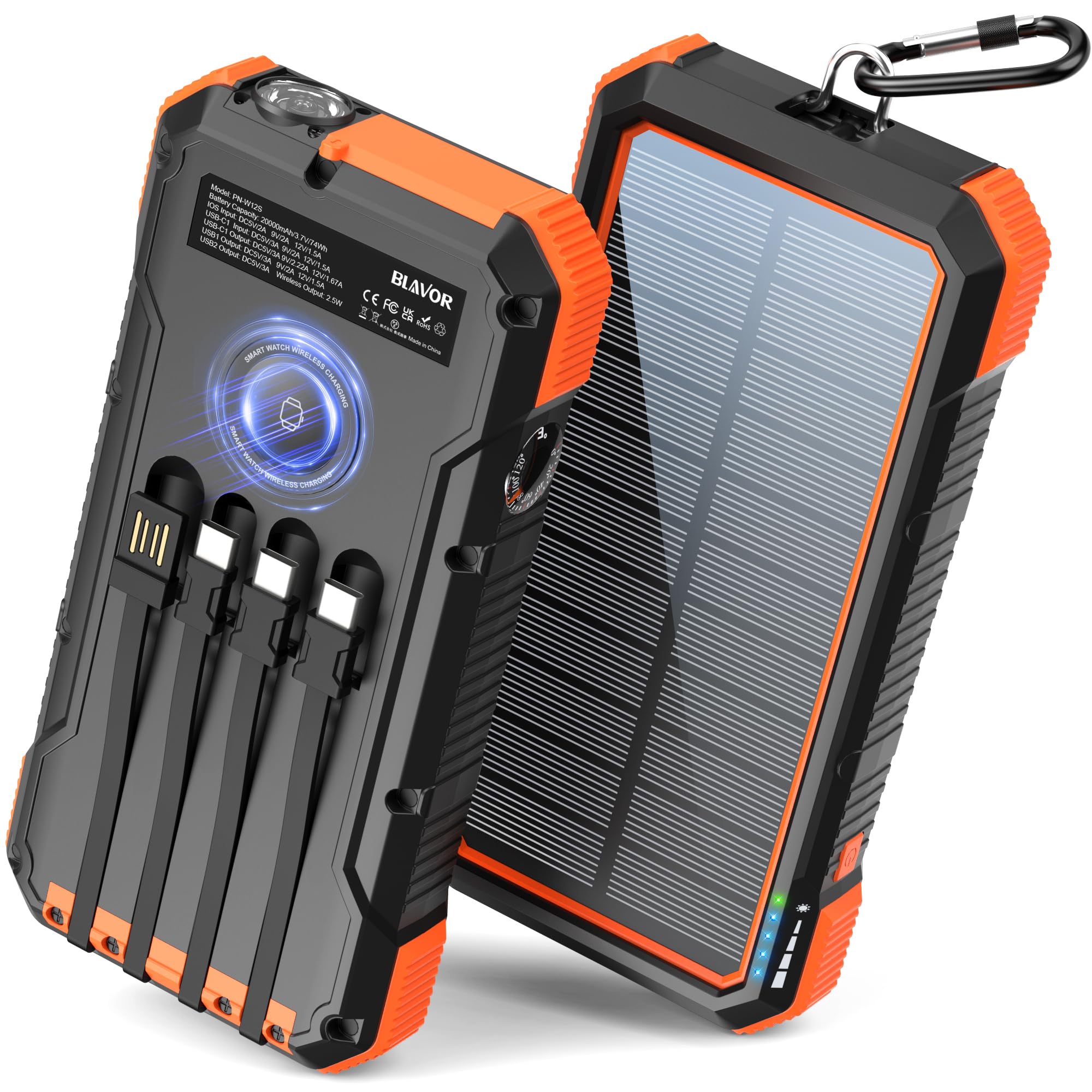 Solar Power Bank 20000mAh Built in 4 Cables, 20W Fast Charging Portable Charger with Wireless Charger for Apple Watch, Super Bright Flashlight, Compatible with all Phones and Electronic Devices