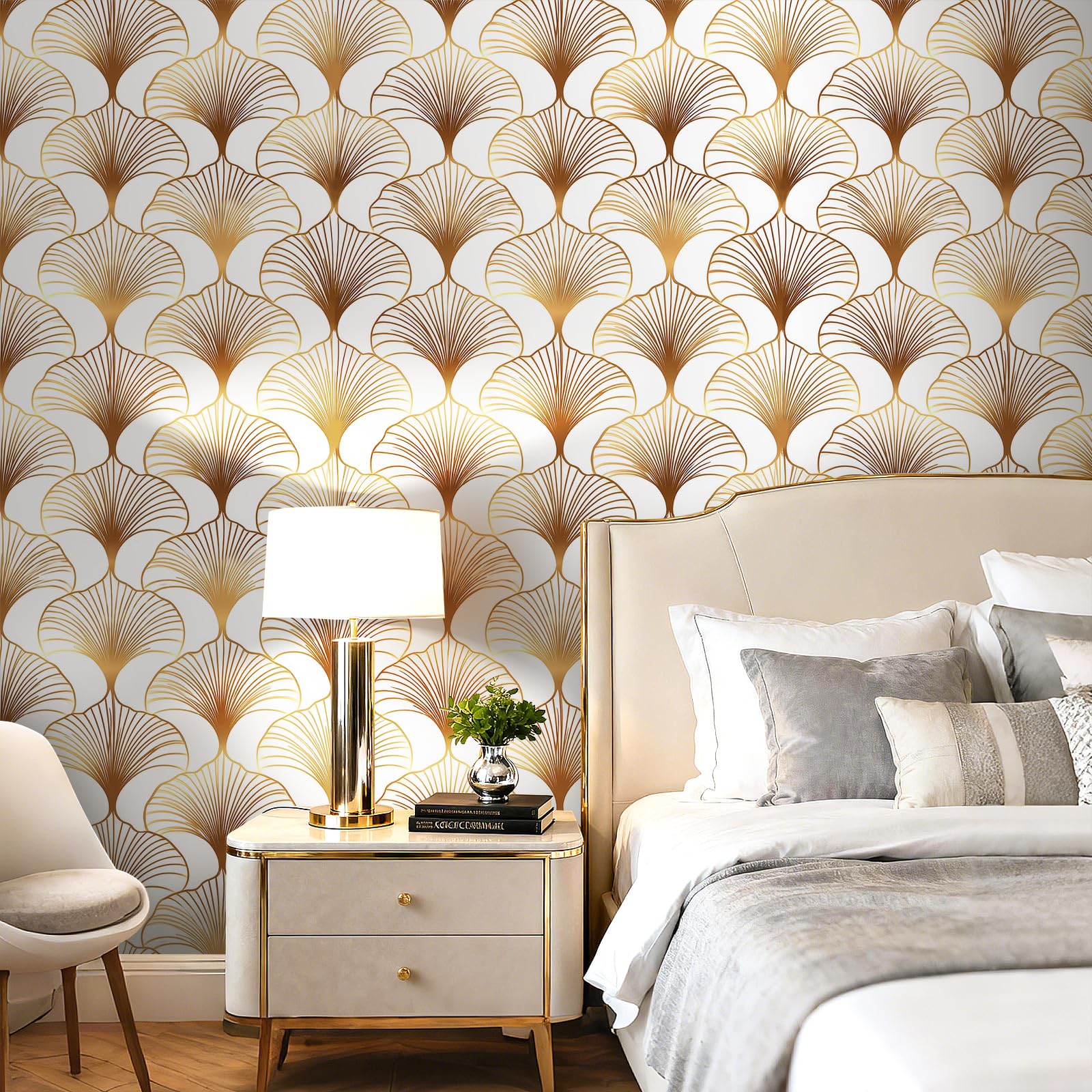 ReWallpaper Carta Da Parati Moderna Geometrica Oro 44.5CMx7M Rotolo Adesivo per Pareti Bagno Impermeabile Bianco e Oro Pellicola Decorativa Autoadesiva Cassetti Carta Da Parati per Corridoio
