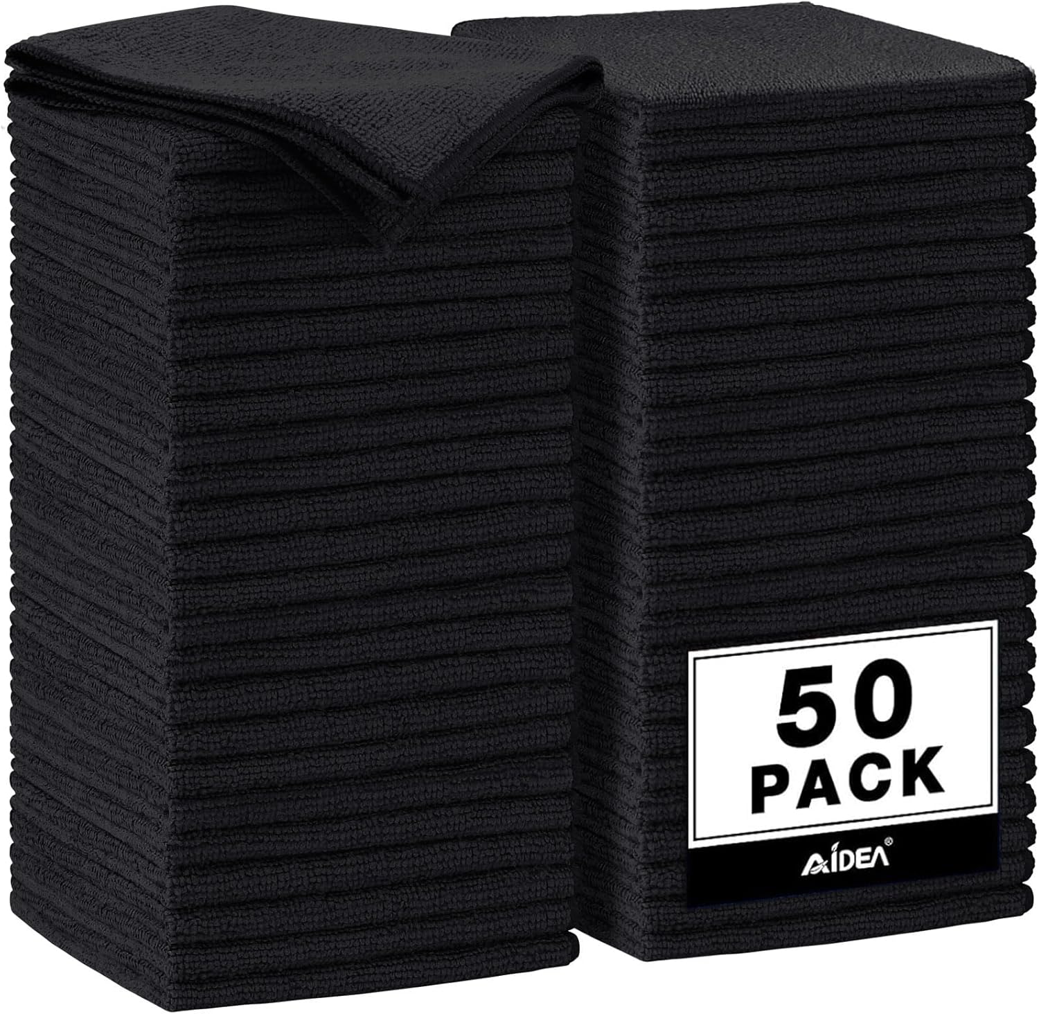 AIDEA Microfiber Cleaning Cloth Black 50PK, Microfiber Towels for Cars, Premium Car Cloths, Dusting Cloth Lint Free Cleaning Rags for SUVs, House, Kitchen, Window, Workshops,11.5×11.5"