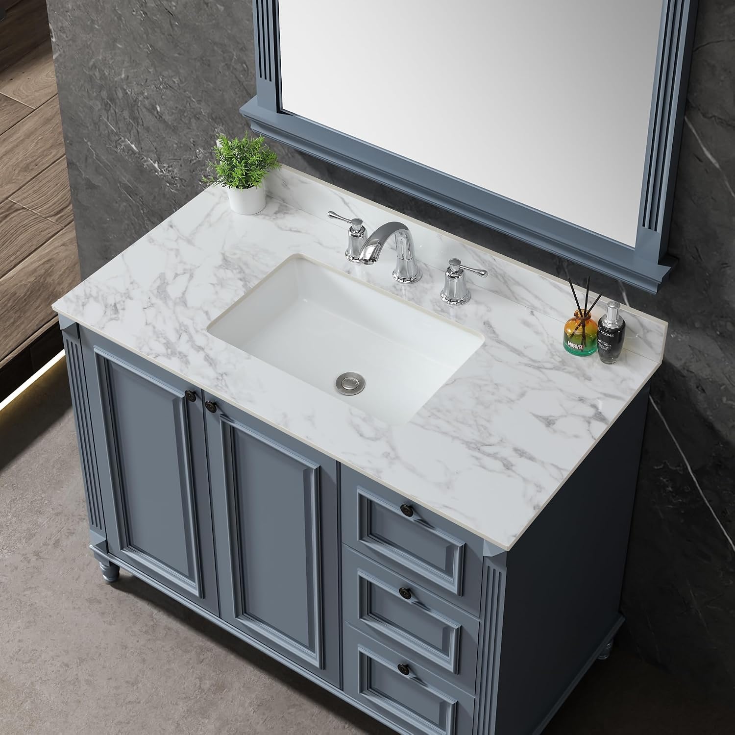 Montary 43"x 22" Bathroom Vanity Top with Undermounted Large Ceramic Sink & Backsplash, Sintered Stone Artificial Marble Vanity Sink Tops with 1 Pre-Drilled Hole, Carrara White