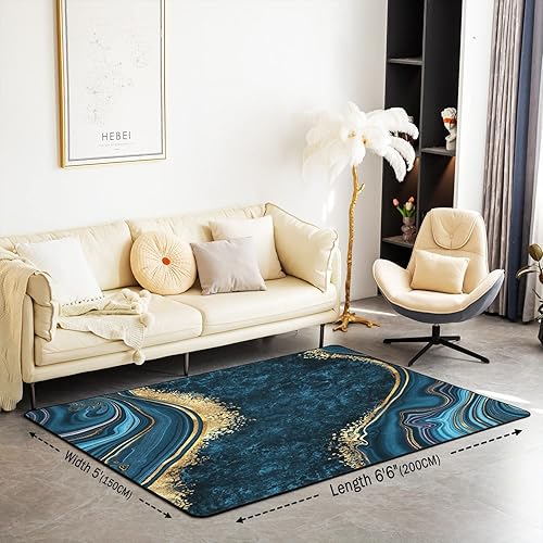 Miniatura 2 de Alfombra de mármol azul pavo real para sala de estar, alfombra de 5 x 7 pies, moderna alfombra estética de mármol para niños, alfombra decorativa