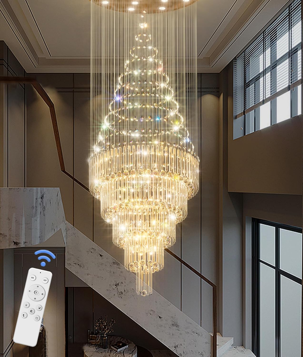 Flashing God 40''X90 Large Crystal Chandelier for High Ceiling Modern Crystal Raindrop Chandeliers Lighting Round Ceiling Light Entryway Staircase Foyer Villa LED Dimmable 2700-6000K